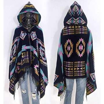 Amy Babe Aztec Print Bohemian Blanket Poncho Cape Shawl Tassel with Hoodie Cloak