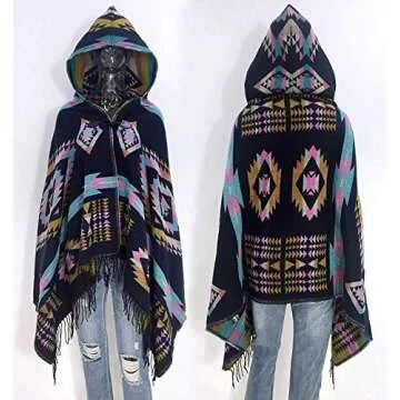 Amy Babe Aztec Print Bohemian Blanket Poncho Cape Shawl Tassel with Hoodie Cloak