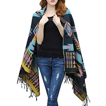 Amy Babe Aztec Print Bohemian Blanket Poncho Cape Shawl Tassel with Hoodie Cloak