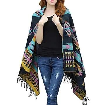 Amy Babe Aztec Print Bohemian Blanket Poncho Cape Shawl Tassel with Hoodie Cloak