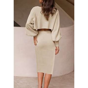 ZESICA Women's Casual Two Piece Outfits Long Sleeve Ribbed Knit Top and Bodycon Midi Skirt Oversized Pullover Sweater Sets,Apricot,Small