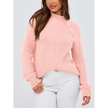 PRETTYGARDEN Womens Sweaters Fall 2024 Ribbed Knit Raglan Long Sleeve Mock Neck Pullover Sweater Chunky Outfits (Pink, Medium)