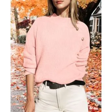 PRETTYGARDEN Womens Sweaters Fall 2024 Ribbed Knit Raglan Long Sleeve Mock Neck Pullover Sweater Chunky Outfits (Pink, Medium)