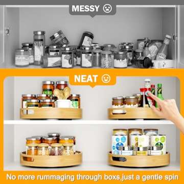 Lazy Susan Organizer Homerays 12 Inch Non-Skid Bamboo Lazy Susan for Kitchen Rotating Spice Rack with Handles, Wood Turntable for Kitchen Cabinet,Countertop (Bamboo, Medium)