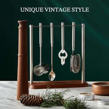 KITESSENSU Mixology Bartender Kit Bar Tool Set | 5-Piece Bar Cart Accessories with Sapele Base: Muddler, Jigger, Bar Spoon, Opener, Strainer| Vintage Bar Sets for Home Bartending | Gift for Him & Her