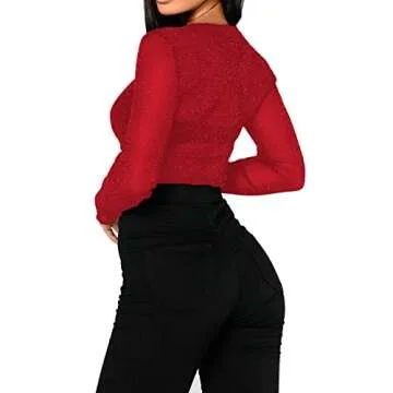 BelleLovin Women's Long Sleeve Glitter Mesh Tee Tops Sexy Night Out Blouse (Red-Round Neck, Medium)