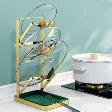 Pot Lid Holders 3 Layer With Removable Drain Tray Lid Stand Rack for Kitchen Cooking Pot Lid Organizer Spoon Rest Holder Cutting Boards Gold Rack