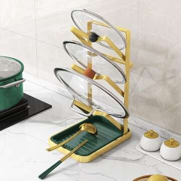 Pot Lid Holders 3 Layer With Removable Drain Tray Lid Stand Rack for Kitchen Cooking Pot Lid Organizer Spoon Rest Holder Cutting Boards Gold Rack