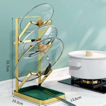 Pot Lid Holders 3 Layer With Removable Drain Tray Lid Stand Rack for Kitchen Cooking Pot Lid Organizer Spoon Rest Holder Cutting Boards Gold Rack