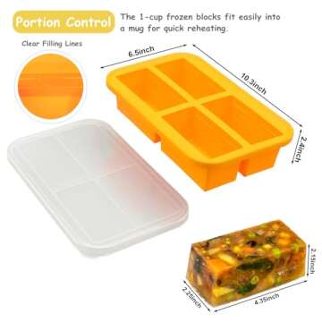 Bangp 1-Cup Silicone Freezer Trays with Lid,2 Pack,Easy-Release Silicone Freezer Containers,Soup Freezer Molds,Freeze and Store Soup,Broth,Sauce,Leftovers - Makes 8 Perfect 1 Cup Portions