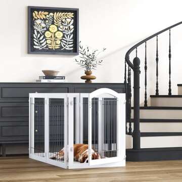 PAWLAND 144-inch Extra Wide 30-inches Tall Dog gate with Door Walk Through, Freestanding Wire Pet Gate for The House, Doorway, Stairs, Pet Puppy Safety Fence, Support Feet Included, White,6 Panels