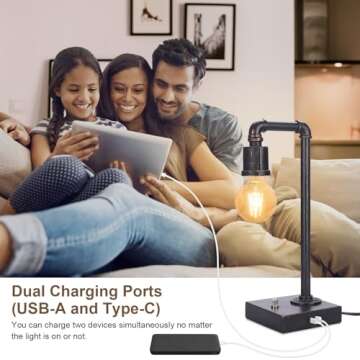 Industrial Vintage Bedside Table Lamp with USB Charging
