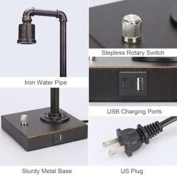 Industrial Vintage Bedside Table Lamp with USB Charging