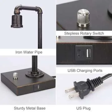 Industrial Vintage Bedside Table Lamp with USB Charging