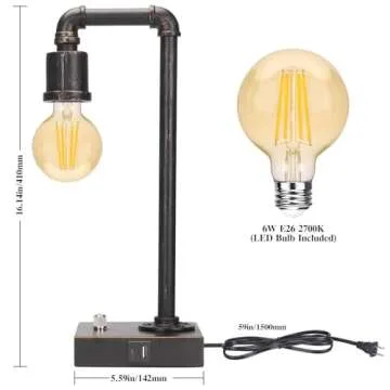 Industrial Vintage Bedside Table Lamp with USB Charging