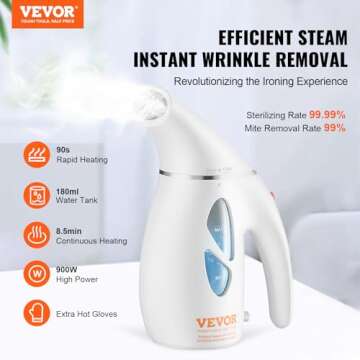 VEVOR Portable Handheld Fabric Steamer, 900W Quick Heat Steamer for Clothes, Wrinkle Remover Clothin...