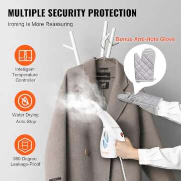 VEVOR Portable Handheld Fabric Steamer, 900W Quick Heat Steamer for Clothes, Wrinkle Remover Clothing Iron Intelligent Controller & Auto-Off & Large Detachable Water Tank, With Gloves, 240ml