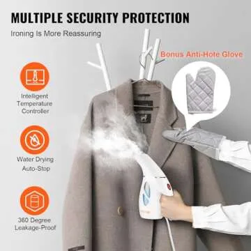 VEVOR Portable Handheld Fabric Steamer, 900W Quick Heat Steamer for Clothes, Wrinkle Remover Clothing Iron Intelligent Controller & Auto-Off & Large Detachable Water Tank, With Gloves, 240ml