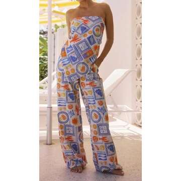 NUFIWI Women Graffiti Print Scarf Top and Pants Sets Off Shoulder Fruit Floral Camisole with Wide Le...