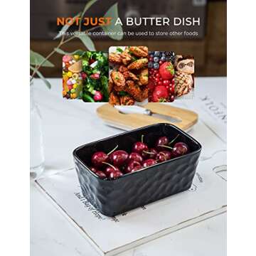 Butter Dish with Lid, Large Butter Dish for Countertop, Ceramic Butter Dish with Knife Double Silicone Seal Unique Stone Butter Dishes with Covers for Farmhouse Kitchen Decor Home Decor Black