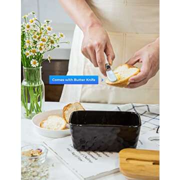 Butter Dish with Lid, Large Butter Dish for Countertop, Ceramic Butter Dish with Knife Double Silicone Seal Unique Stone Butter Dishes with Covers for Farmhouse Kitchen Decor Home Decor Black