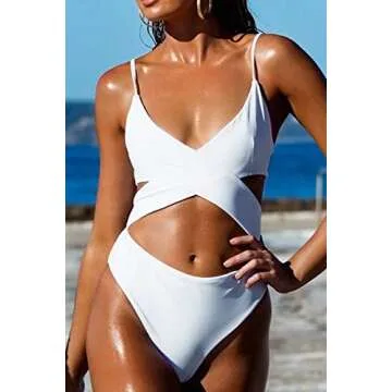 CHYRII Women's Sexy Criss Cross High Waisted Cut Out One Piece Monokini Swimsuit White S
