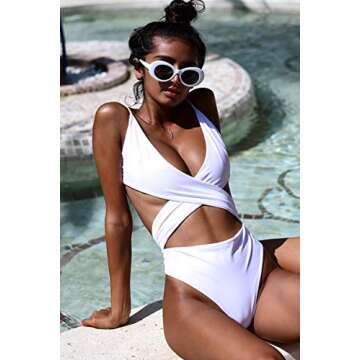 CHYRII Women's Sexy Criss Cross High Waisted Cut Out One Piece Monokini Swimsuit White S