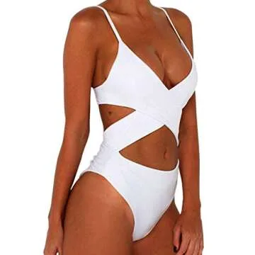 CHYRII Women's Sexy Criss Cross High Waisted Cut Out One Piece Monokini Swimsuit White S
