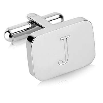 18K White-Gold Plated Initial Engraved Stainless Steel Men’s Cufflinks With Gift Box -Personalized...
