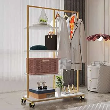 HOMEKAYT Gold Clothing Rack with Shelves Heavy Duty Garment Rack 4-tier Gold Clothes Rack Modern Dis...