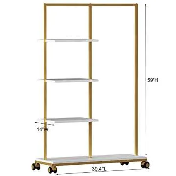 HOMEKAYT Gold Clothing Rack with Shelves Heavy Duty Garment Rack 4-tier Gold Clothes Rack Modern Display Rack for Home, Boutique, Retail- 39''L