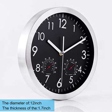 WOOPHEN 12 Inch Silent Non Ticking Wall Clock Sweep Movement Silver Aluminum Frame Glass Cover, for ...