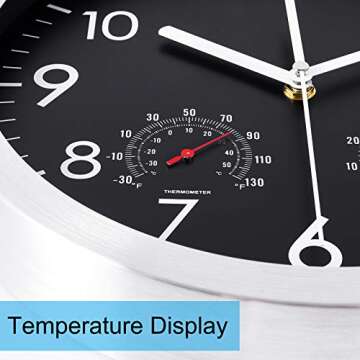 WOOPHEN 12 Inch Silent Non Ticking Wall Clock Sweep Movement Silver Aluminum Frame Glass Cover, for Office, Home, Bathroom, Kitchen, Bedroom, School, Living Room (Black)