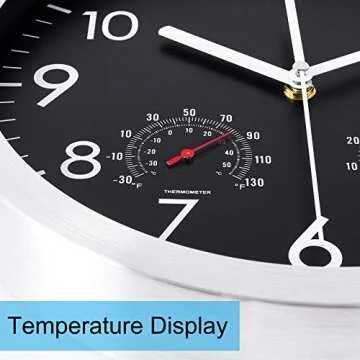 WOOPHEN 12 Inch Silent Non Ticking Wall Clock Sweep Movement Silver Aluminum Frame Glass Cover, for Office, Home, Bathroom, Kitchen, Bedroom, School, Living Room (Black)