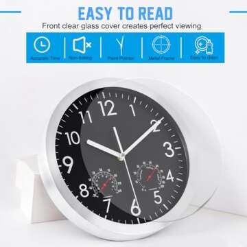 WOOPHEN 12 Inch Silent Non Ticking Wall Clock Sweep Movement Silver Aluminum Frame Glass Cover, for Office, Home, Bathroom, Kitchen, Bedroom, School, Living Room (Black)