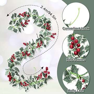 Whaline 2Pcs Christmas Artificial Garland, 15.7Ft Xmas Berry Holly Leaves Garland Christmas Faux Gre...