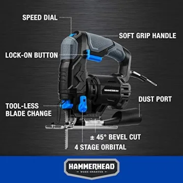 Hammerhead 4.8-Amp 3/4 Inch Jig Saw with 2pcs Wood Cutting Blades, Variable Speed and Orbital Function - HAJS048