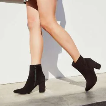 Jiu du Suede Ankle Boots for Women Chunky Block High Heel Booties Sexy Pointed Toe Side Zipper Disco Dressy Short GOGO Boots Black Velvet Size US7.5 EU38