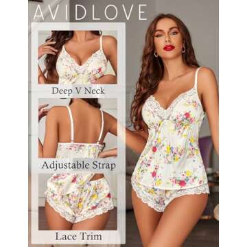 Beautiful Avidlove Women's Satin Lace Cami Sleepwear Set (White Floral, XL)