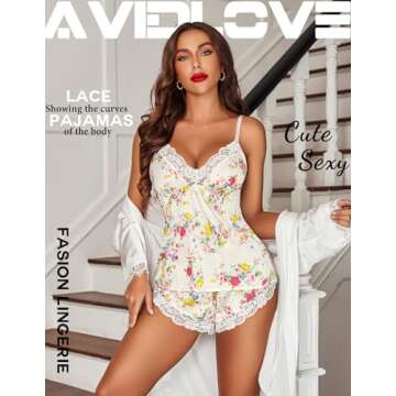 Avidlove Women's Satin Cami Pajama Set in White Floral