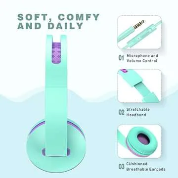 Unipows Kids Headphones for School - Girls Boys Teens Lightweight Foldable Wired Headset with Microphone, Volume Control, Stereo Bass for Cell Phone, Tablet, PC, Laptop (Mint Green and Purple)