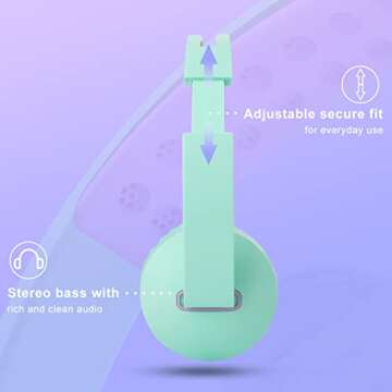 Unipows Kids Headphones for School - Girls Boys Teens Lightweight Foldable Wired Headset with Microphone, Volume Control, Stereo Bass for Cell Phone, Tablet, PC, Laptop (Mint Green and Purple)