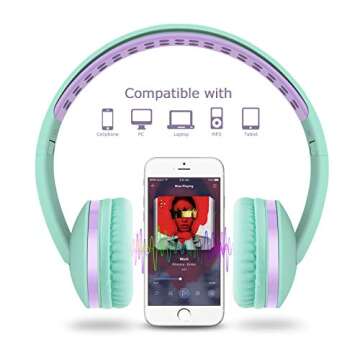Unipows Kids Headphones for School - Girls Boys Teens Lightweight Foldable Wired Headset with Microphone, Volume Control, Stereo Bass for Cell Phone, Tablet, PC, Laptop (Mint Green and Purple)