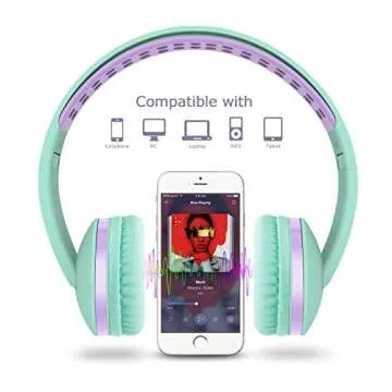 Unipows Kids Headphones for School - Girls Boys Teens Lightweight Foldable Wired Headset with Microphone, Volume Control, Stereo Bass for Cell Phone, Tablet, PC, Laptop (Mint Green and Purple)