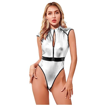XUNZOO Women's Shiny Metallic Halloween Alien Cosplay Costume Zip Up Leotard Bodycon Bodysuit Silver...