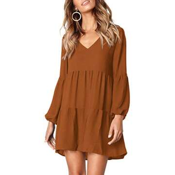 FOWSMON Women Dress Summer Casual V Neck Loose Fit Tunic Dresses Coffee M