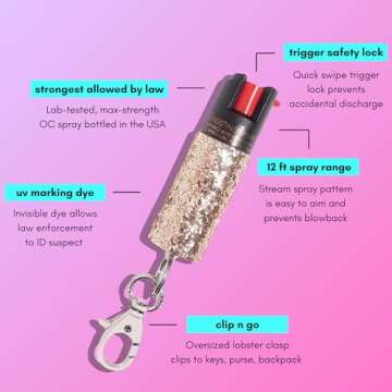 Pepper Spray Maximum Strength Self Defense Keychain for Women, 12-Foot Spray Range & UV Dye - Glitte...