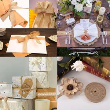 Pandahall 5 Rolls Natural Burlap Fabric Ribbon 1/4 inches Tan Jute Linen Ribbon Rolls for Party Decoration, DIY Crafts Gift Wrapping Bows Making