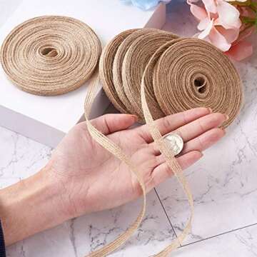 Pandahall 5 Rolls Natural Burlap Fabric Ribbon 1/4 inches Tan Jute Linen Ribbon Rolls for Party Decoration, DIY Crafts Gift Wrapping Bows Making