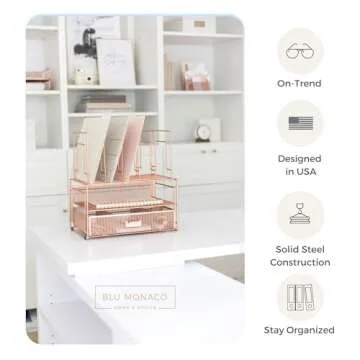 Stylish BLU MONACO Rose Gold Desk Organizer for Office Use